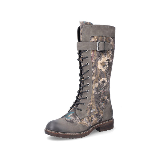 Rieker Boot 94734 Long Riding Boot with Lace and Zip  94734-90  BROWNFLORAL PRINT