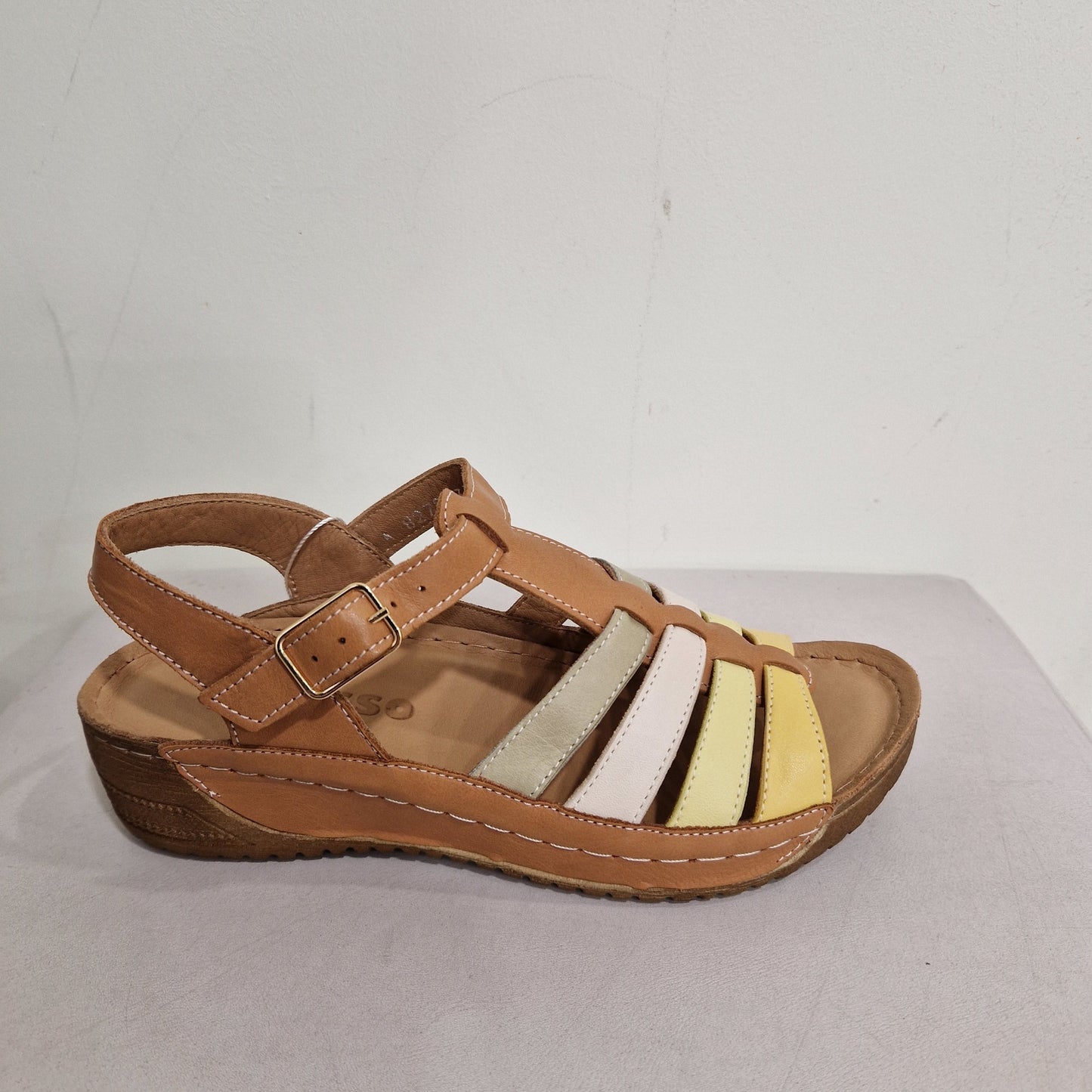 Adesso Neri TAN MULTI Soft Leather Wedge T Bar Sandal A8272