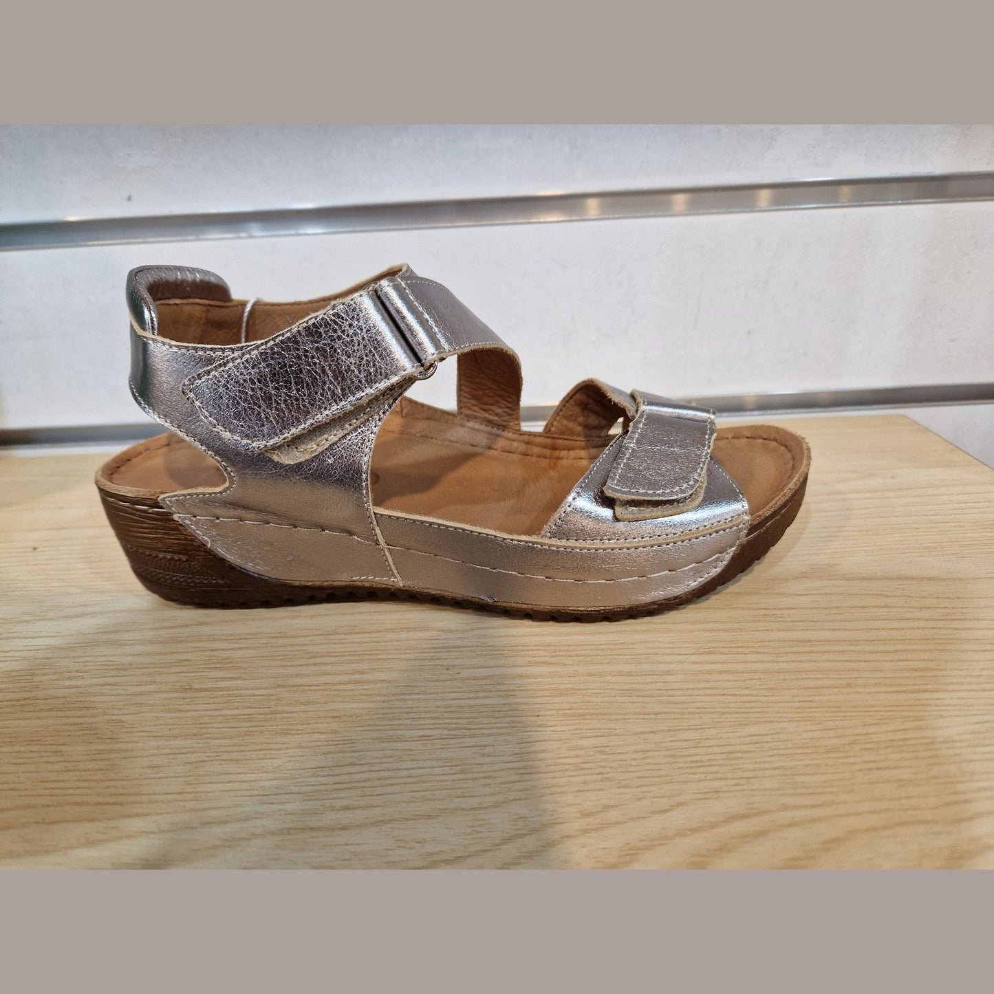 Adesso Tova PEWTER Soft Leather Twin Strap Touch Fastening Wedge Sandal
