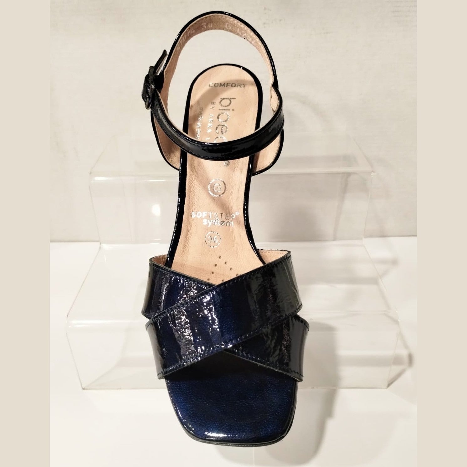 Bioeco 4252 Medium Heel Navy Patent Leather Wide Fitting Dress Sandal