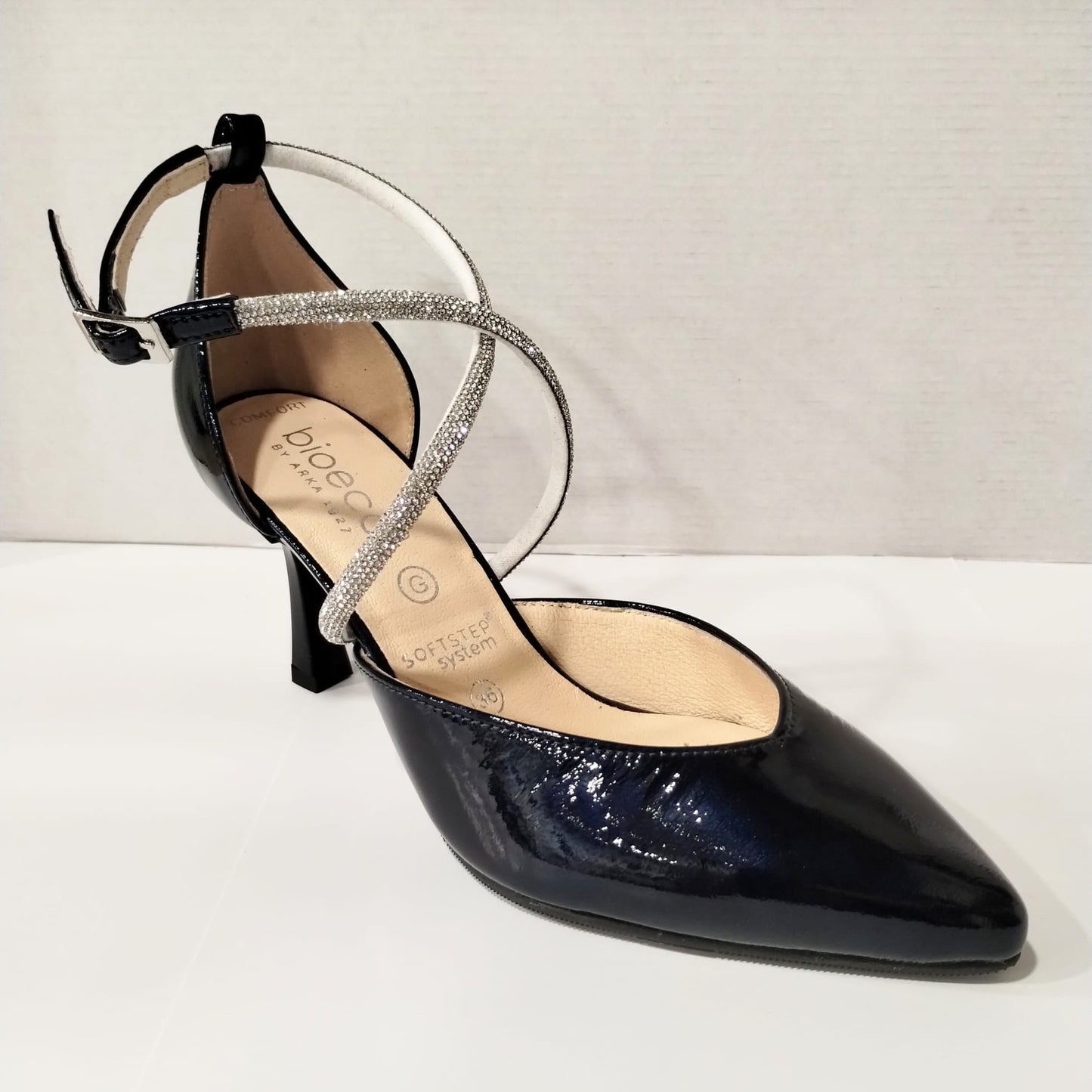 Bioeco Occasion Wear 4216 Navy Patent Leather Wide Fitting Diamante Bar Shoe