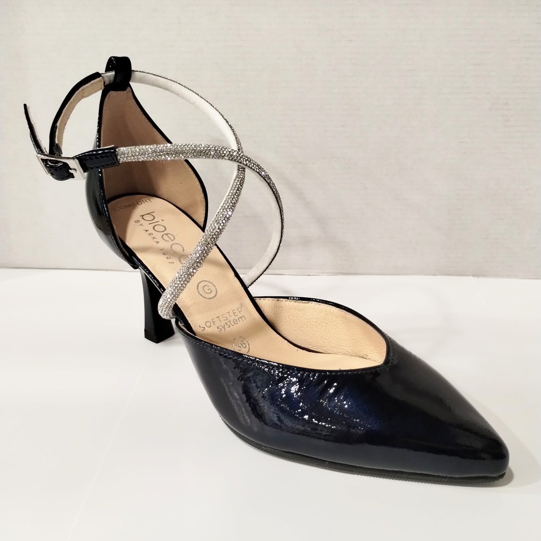 Bioeco Occasion Wear 4216 Navy Patent Leather Wide Fitting Diamante Bar Shoe