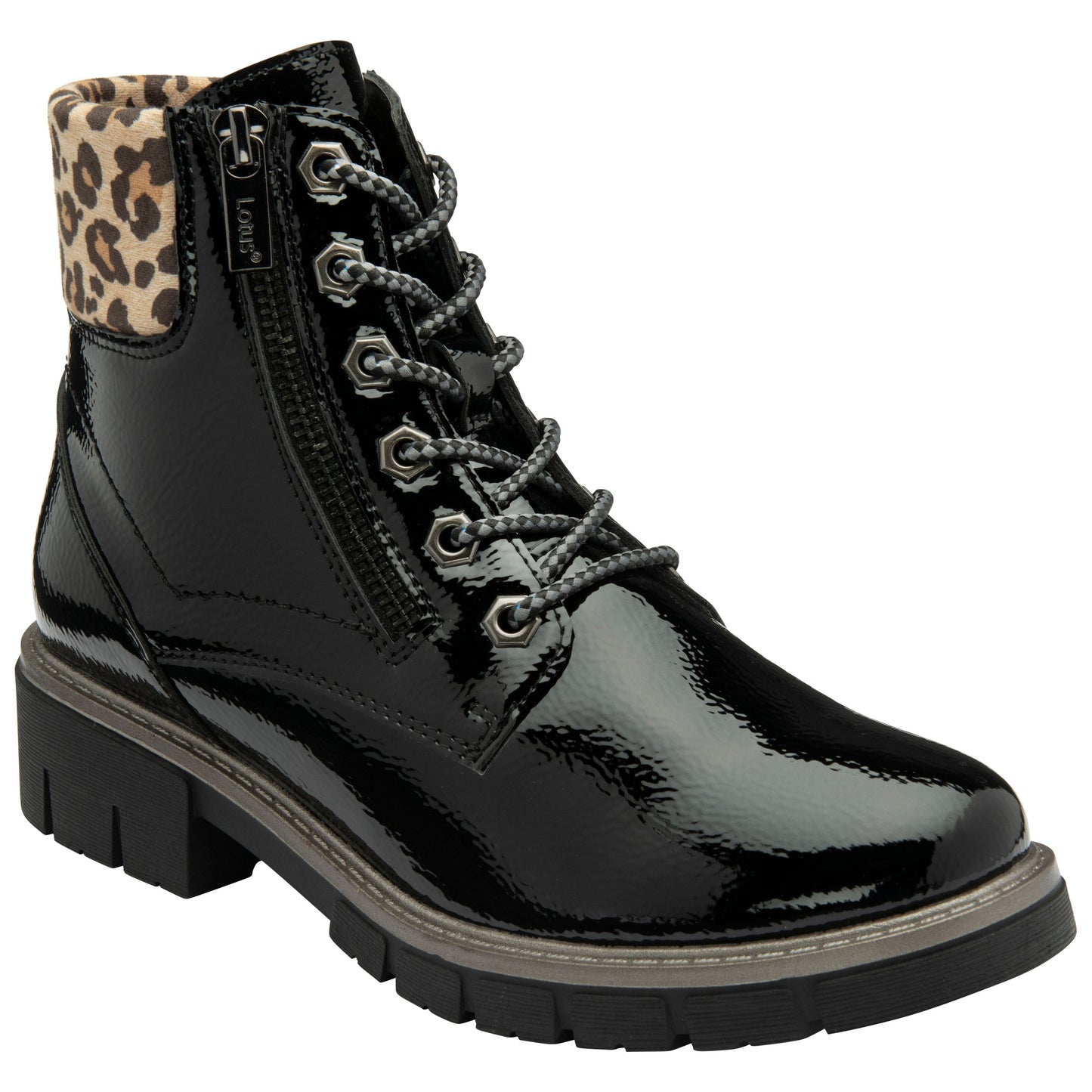 Lotus Boot Charleston Patent Ankle Boot with Lace and zip BLACK  PAT ULB383
