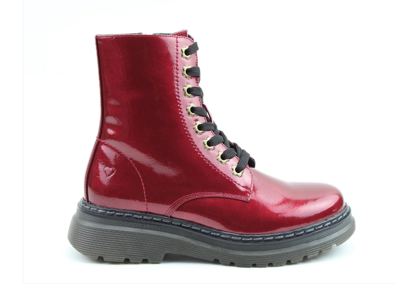 Heavenly Feet Eva RED PATENT Vegan Friendly 8 Eyelet Boot With Laces And Zip
