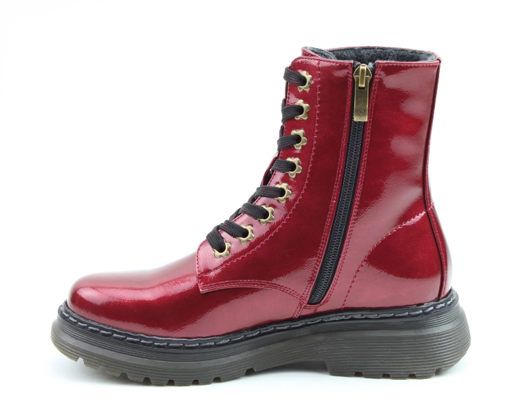 Heavenly Feet Eva RED PATENT Vegan Friendly 8 Eyelet Boot With Laces And Zip