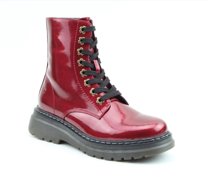 Heavenly Feet Eva RED PATENT Vegan Friendly 8 Eyelet Boot With Laces And Zip