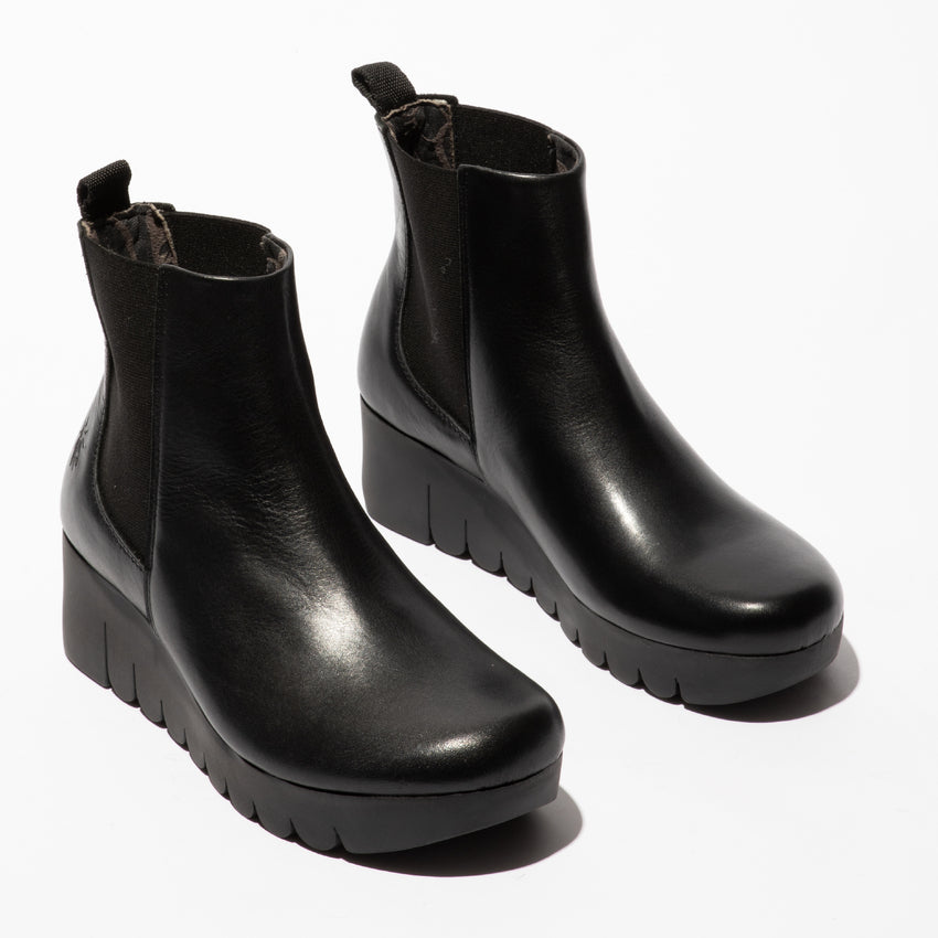 Fly London Vaze BLACK Soft Leather Wedge Heel Chelsea Boot