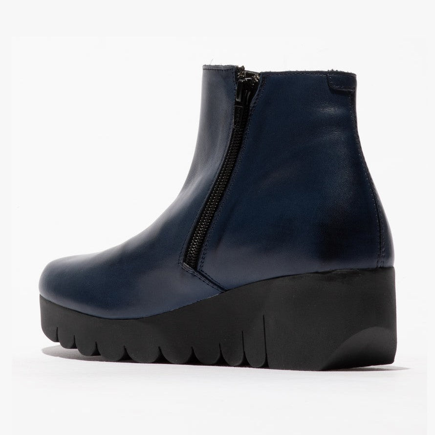 Fly London Vang NAVY Soft Leather Chunky Wedge Zip ankle Boot