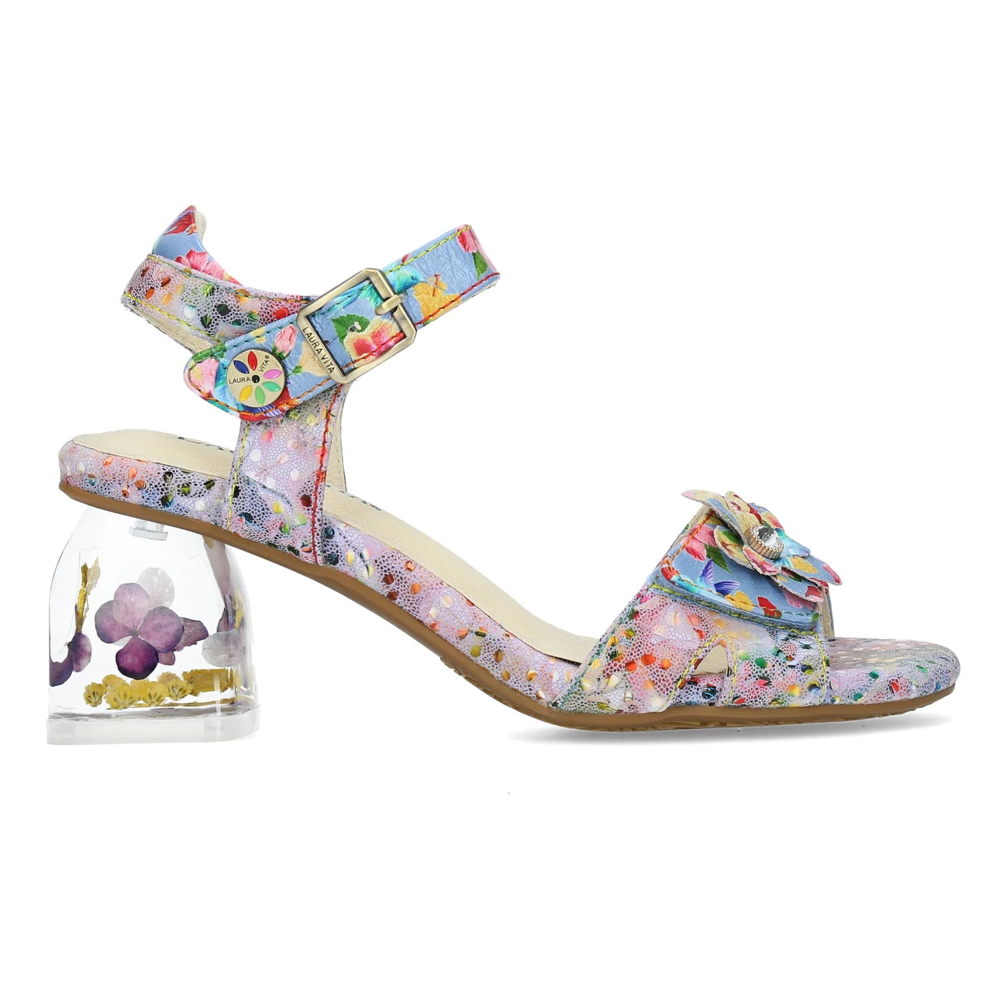Laura Vita Framboiseo  16 BLEU Touch Fastening Bar Shoe With Floral Heel Trim
