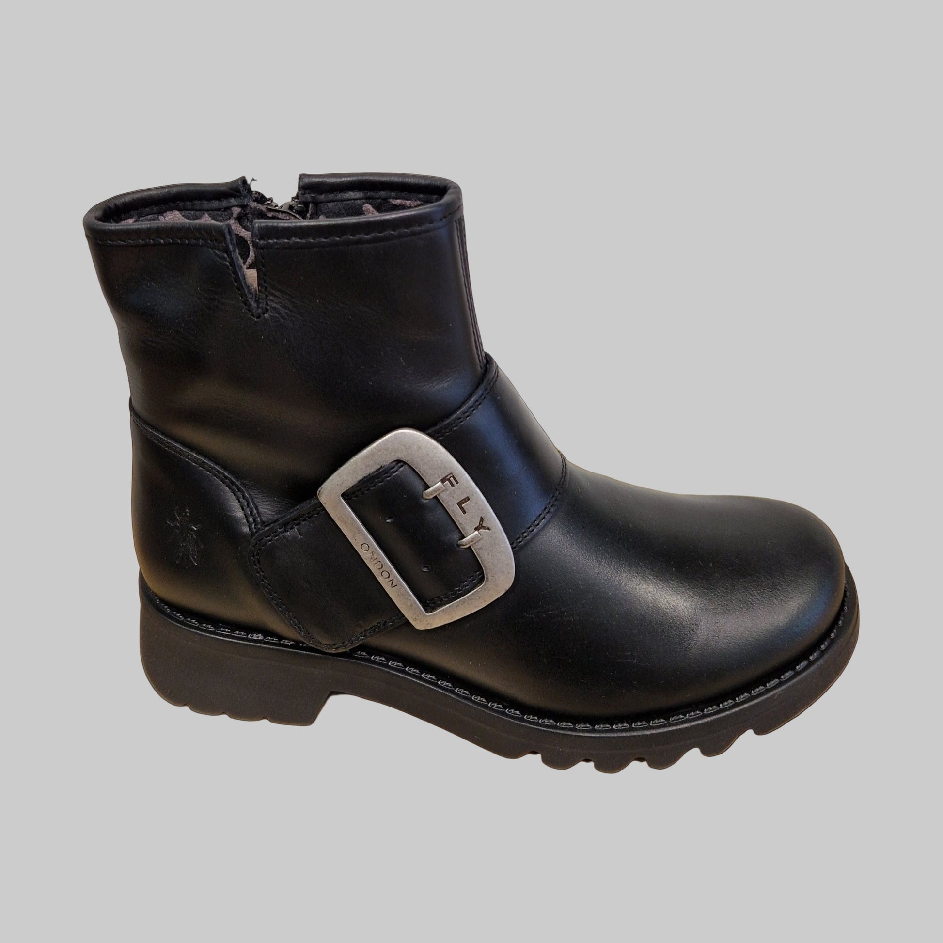 Fly London Riley BLACK Leather Zip Ankle Boot with Buckle Trim