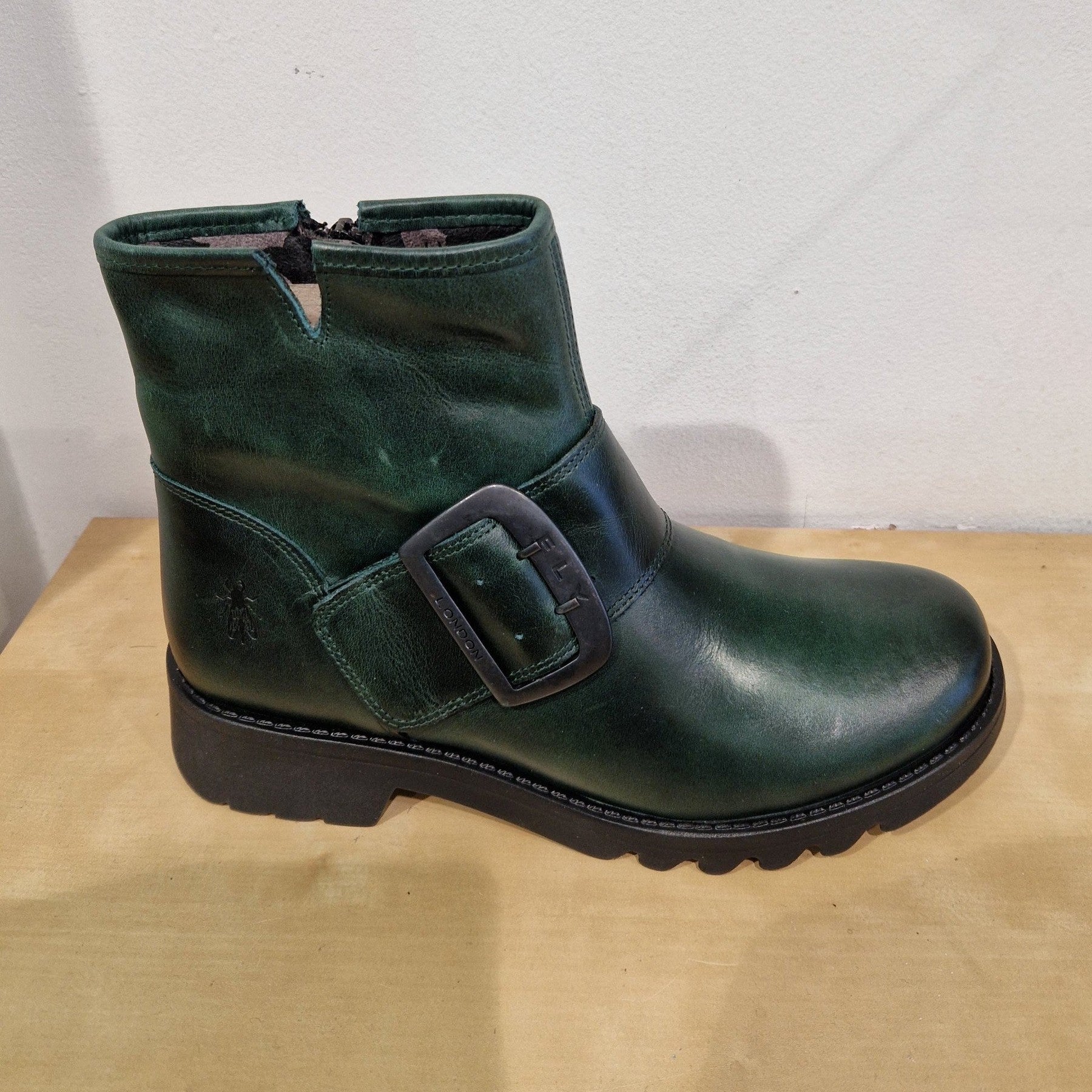 Fly London Riley PETROL Leather Zip Ankle Boot with Buckle Trim