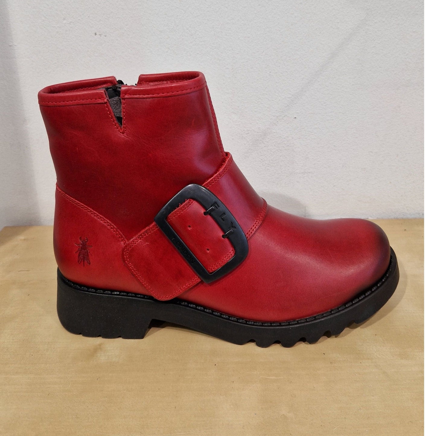 Fly London Riley RED Leather Zip Ankle Boot with Buckle Trim