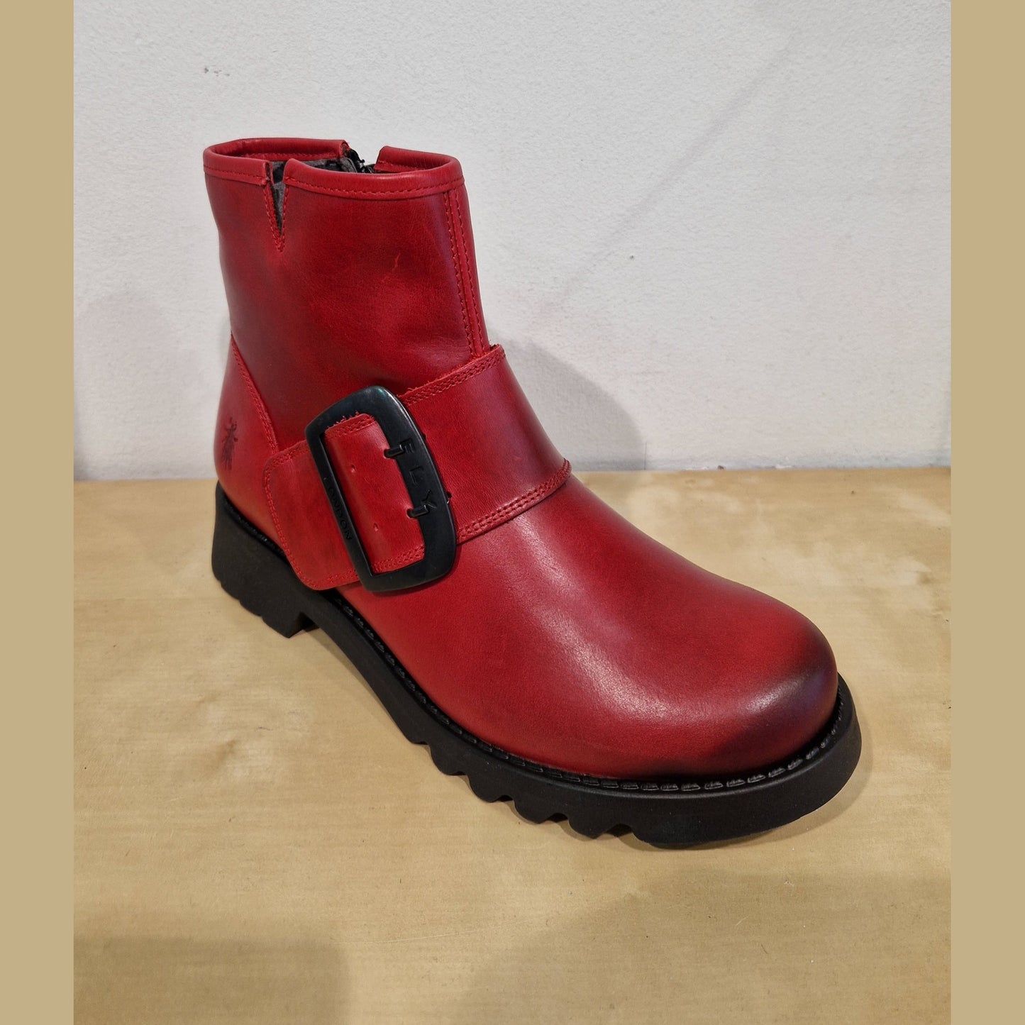Fly London Riley RED Leather Zip Ankle Boot with Buckle Trim