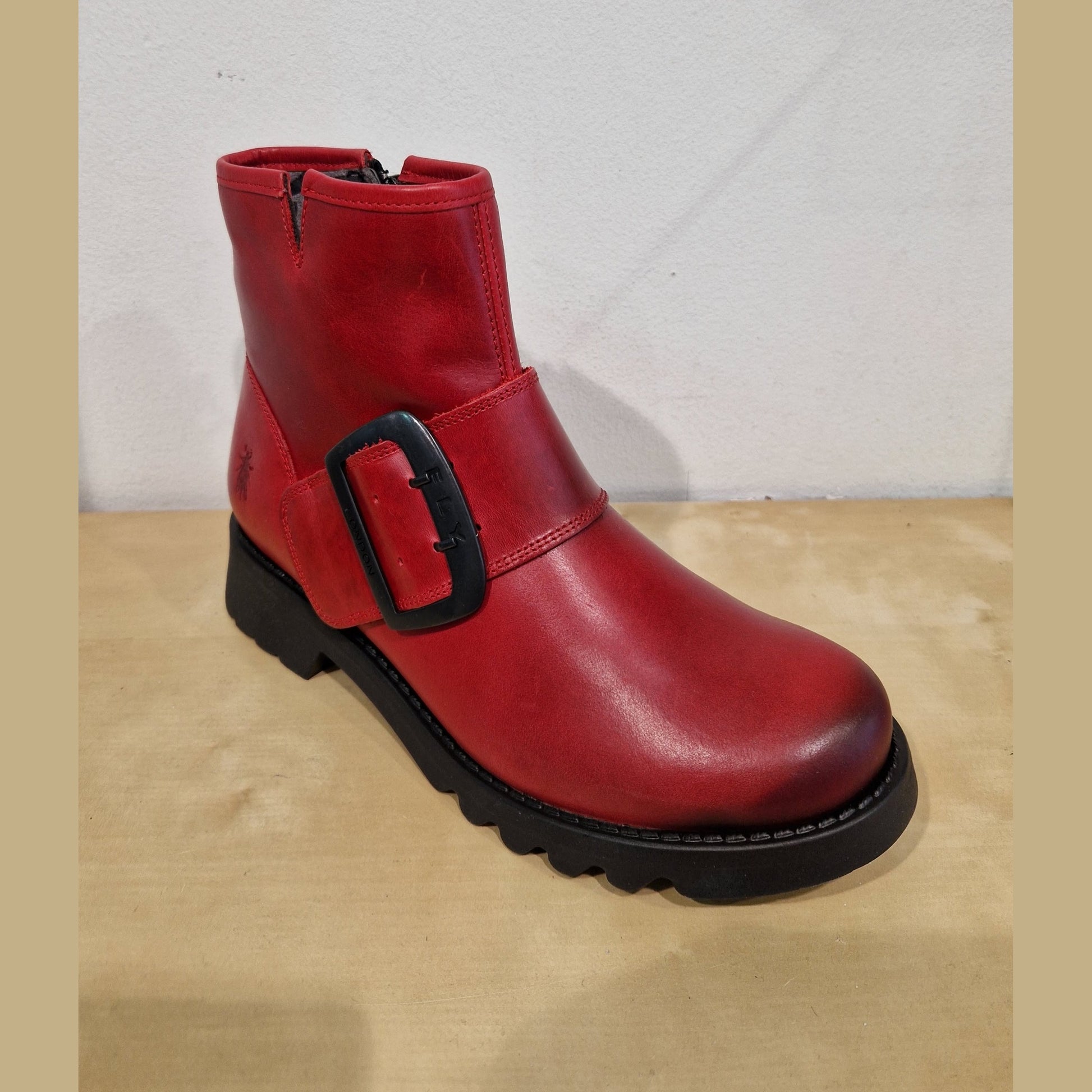 Fly London Riley RED Leather Zip Ankle Boot with Buckle Trim