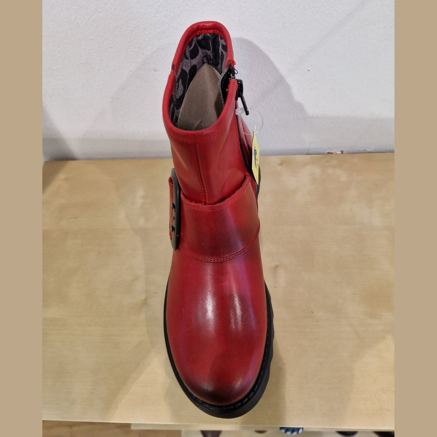 Fly London Riley RED Leather Zip Ankle Boot with Buckle Trim