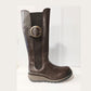 Fly London Soif Dark Brown Long Leg Leather Boot With Elastic Gusset and Zip