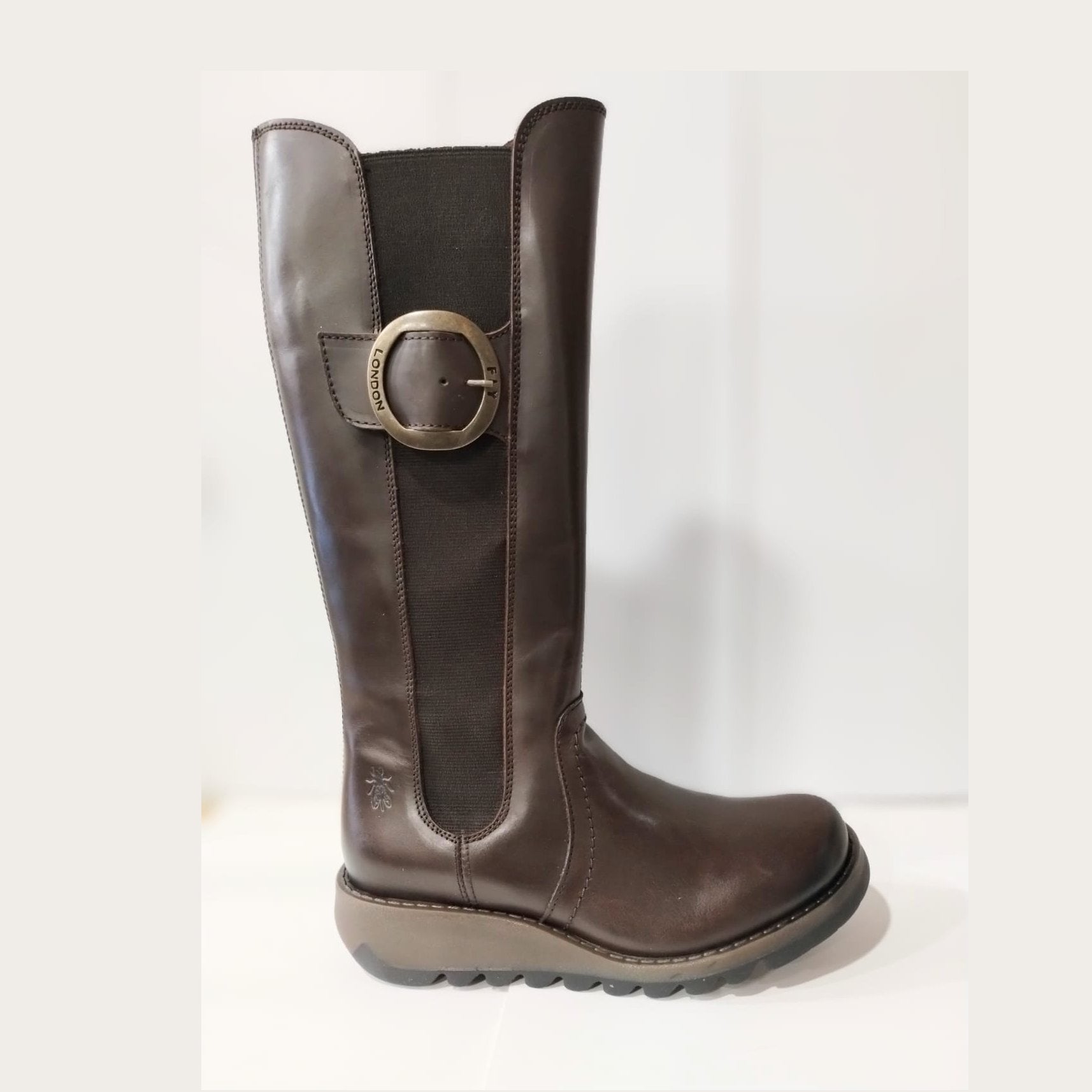 Fly London Soif Dark Brown Long Leg Leather Boot With Elastic Gusset and Zip
