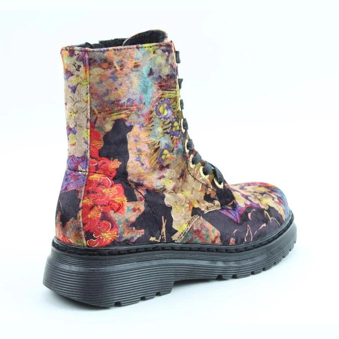 Heavenly Feet Lottie BLACK Floral VELVET Lace Up Boot with Zip