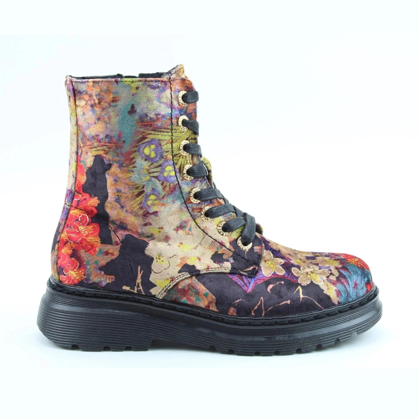Heavenly Feet Lottie BLACK Floral VELVET Lace Up Boot with Zip