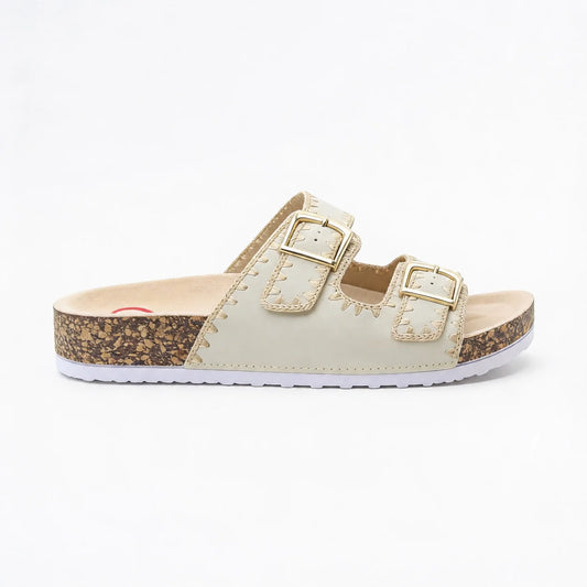 Heavenly Feet Sandy Twin Buckle Vegan Friendly Mule Sandal Beige