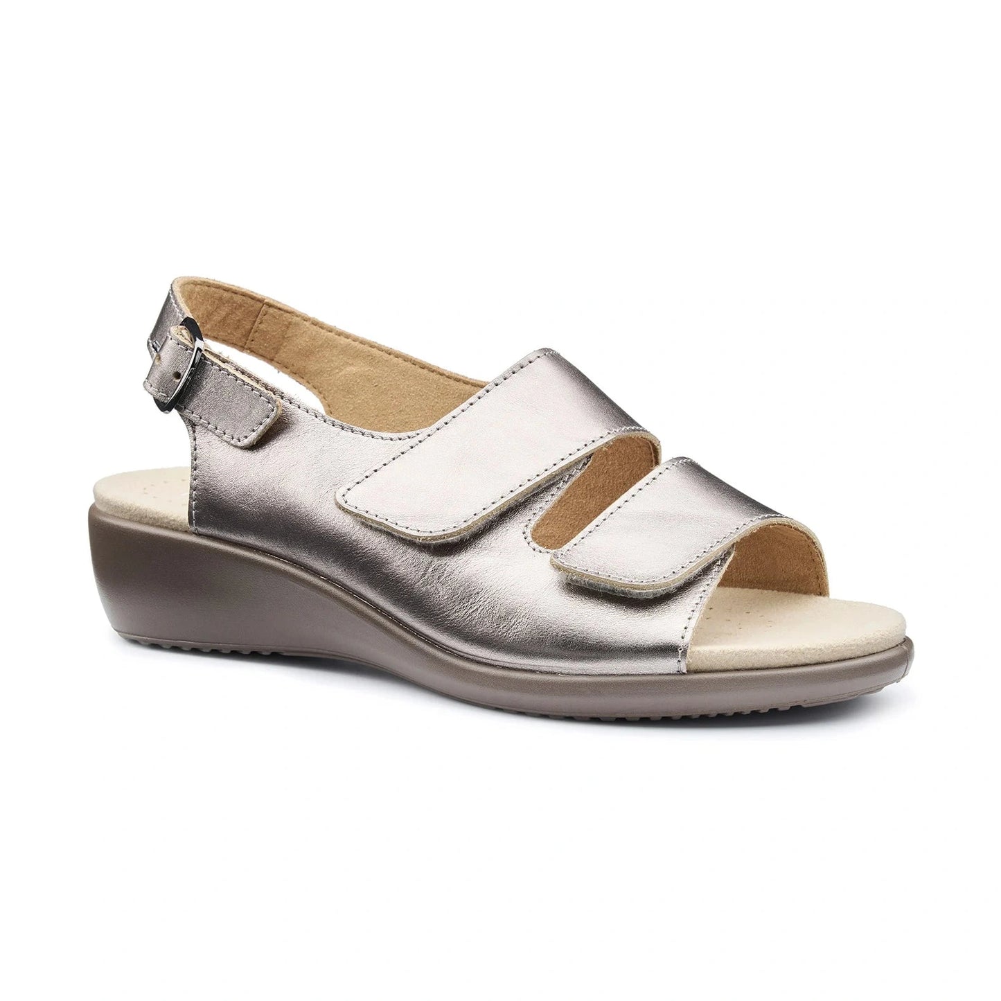 Hotter Easy Touch Fastening Wide Fit Sandal Pewter METALLIC LEATHER