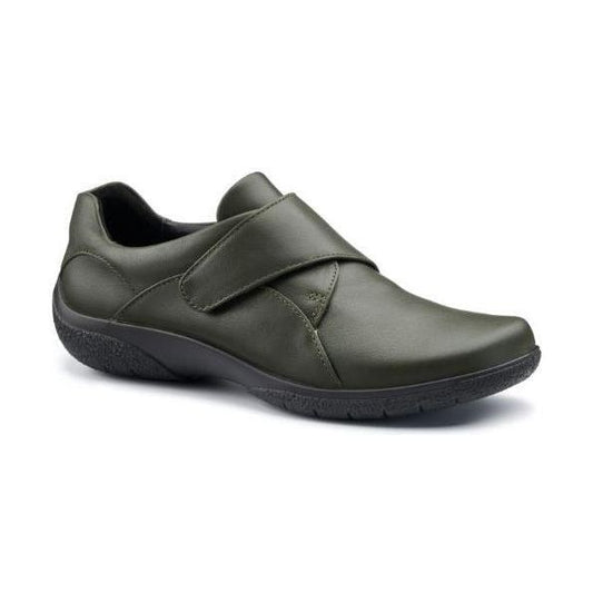 Hotter Shoe SUGAR Leather Touch Fastening Shoe Extra Wide Fitting FOREST Green