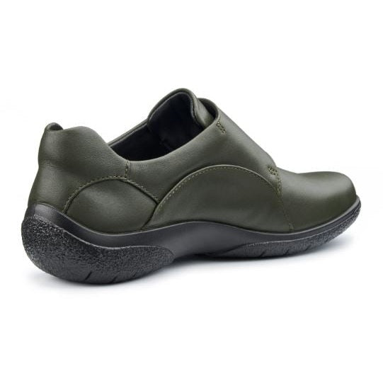 Hotter Shoe SUGAR Leather Touch Fastening Shoe Extra Wide Fitting FOREST Green