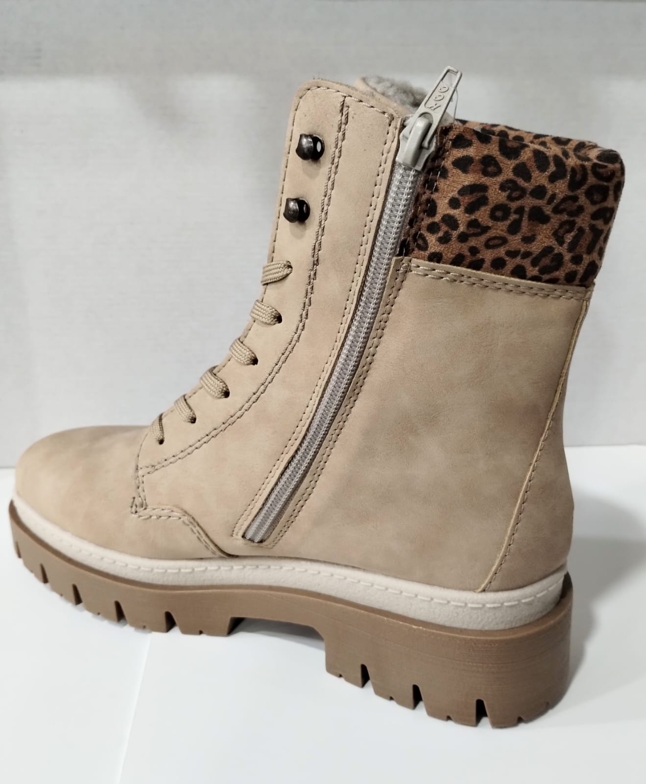 Rieker Z9430 OFF WHITE Chunky Sole Boot With Animal Print Cuff