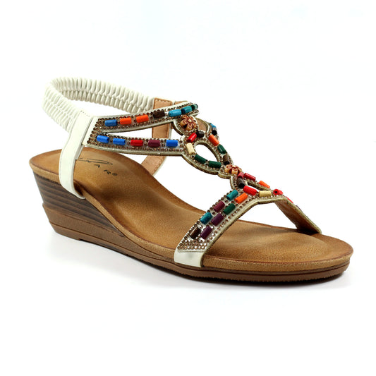 Lunar Epsom WHITE Beaded Wedge  Sandal JLH478WT