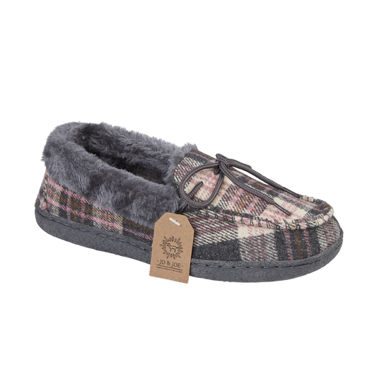 Jo & Joe Ladies fur lined Moccasin Slipper Pembroke PEBBLE