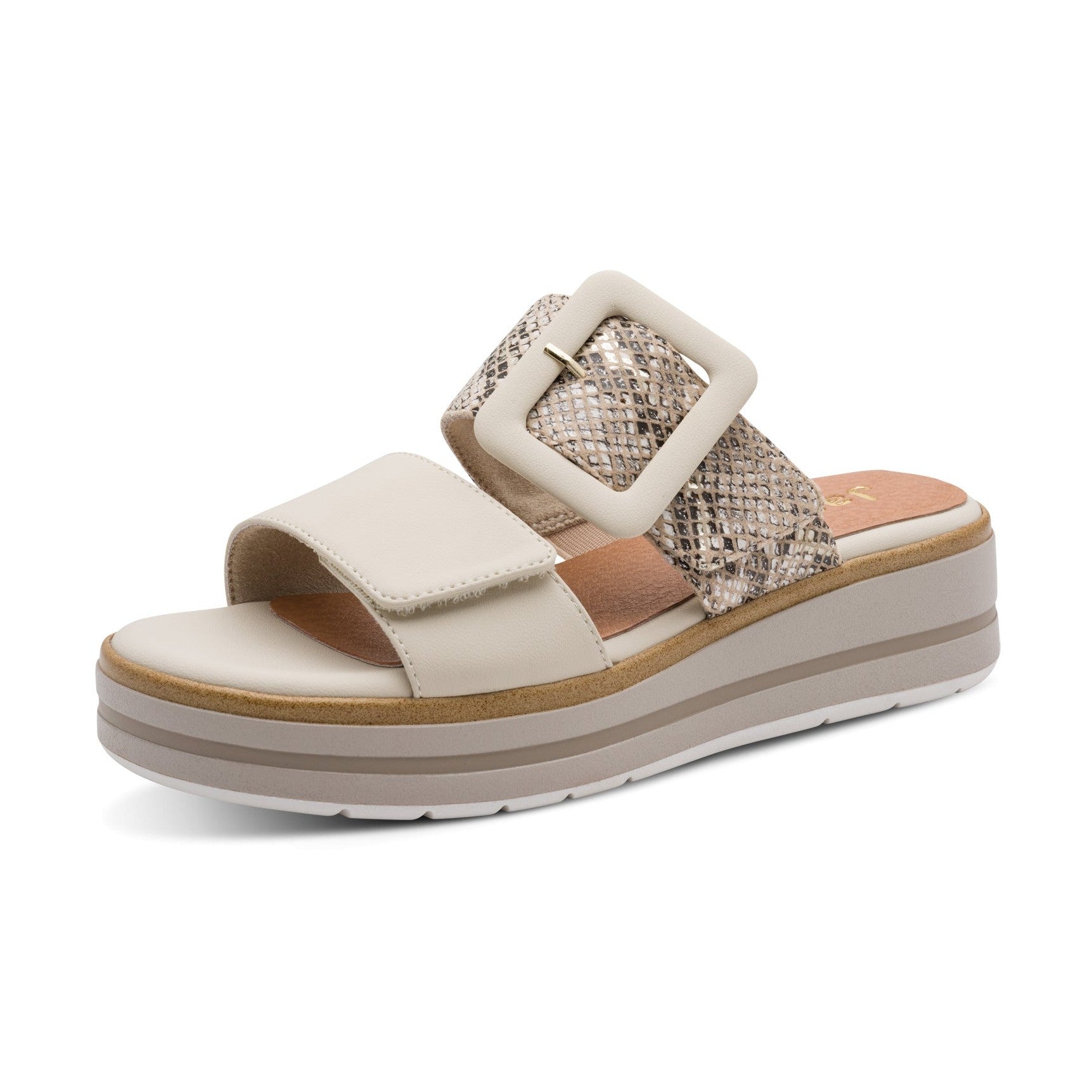 Jana Cream Snake Wide Fitting Wedge Mule Sandal 27271-42-445