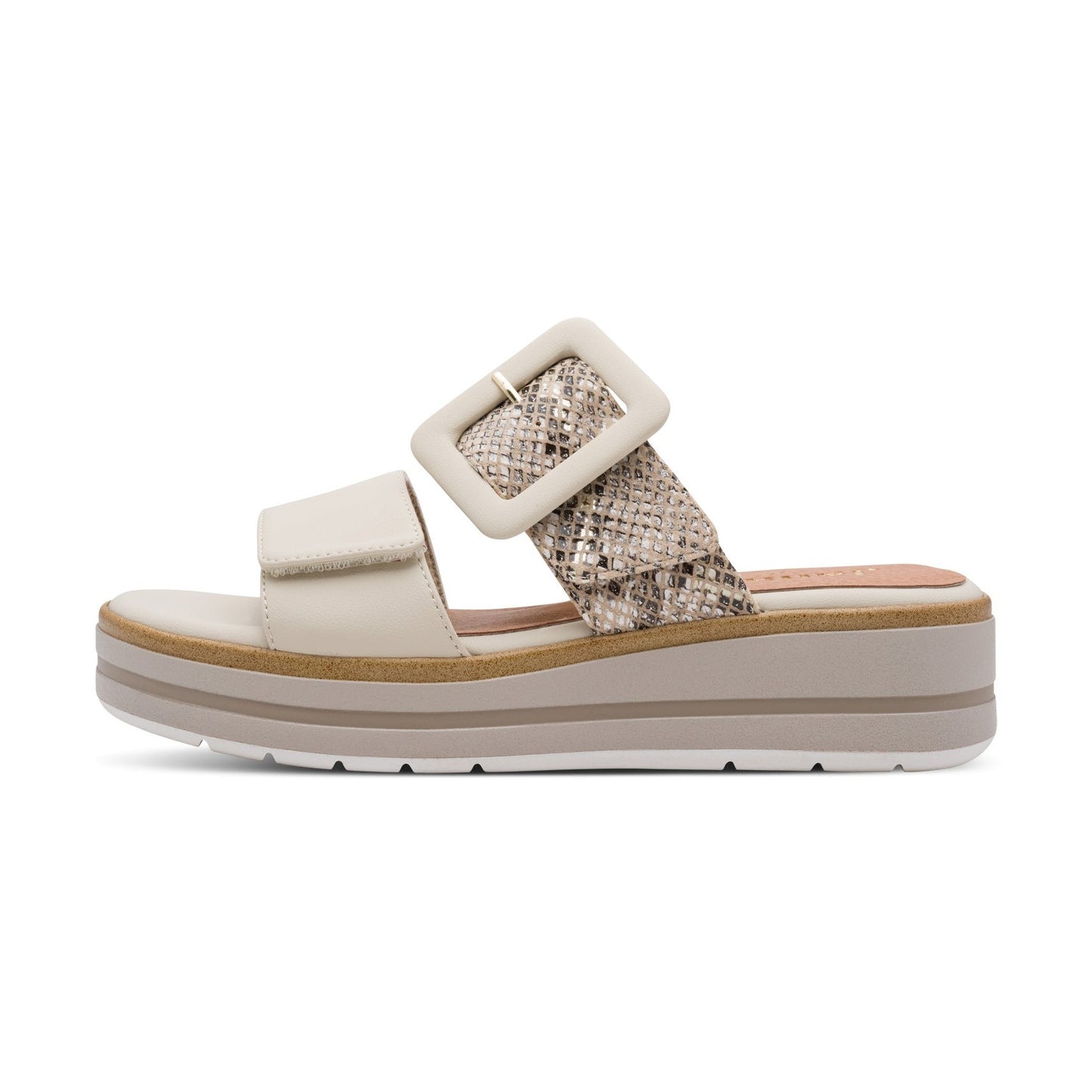 Jana Cream Snake Wide Fitting Wedge Mule Sandal 27271-42-445