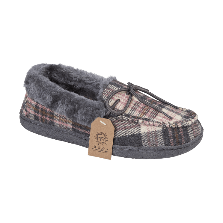 Jo & Joe Ladies fur lined Moccasin Slipper Pembroke PEBBLE