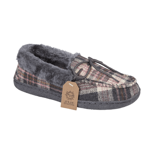 Jo & Joe Ladies fur lined Moccasin Slipper Pembroke PEBBLE