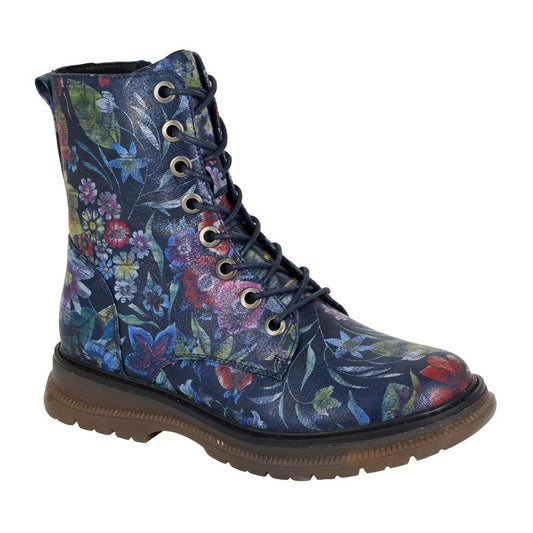 Cipriata L310 NAVY FLORAL 8 Eyelet Lace Up Boot With Zip L310CM