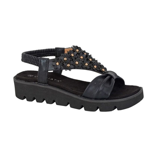 Cipriata  BLACK  Floral Trim Chunky Sole Sandal L417A