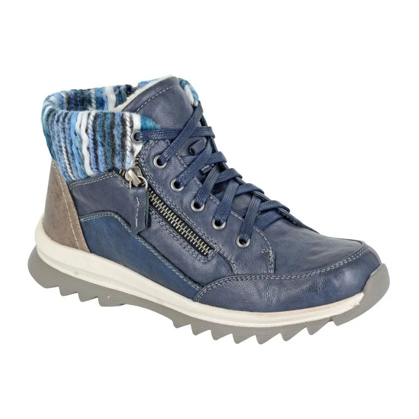 Cipriata L726 NAVY Knitted Collar Lace Up Ankle Boot with Zip L726C