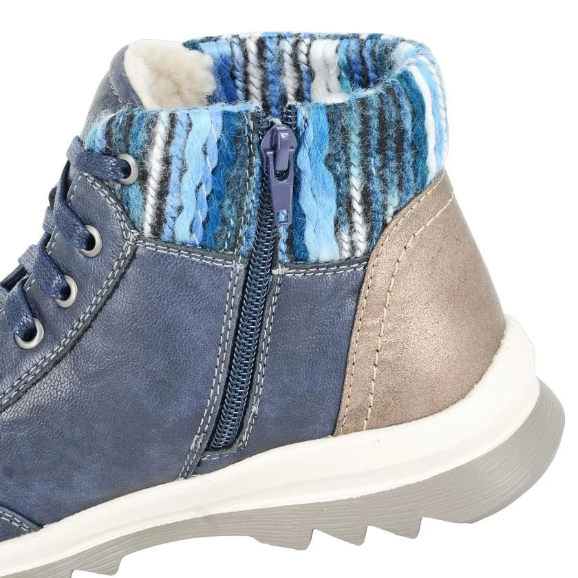 Cipriata L726 NAVY Knitted Collar Lace Up Ankle Boot with Zip L726C