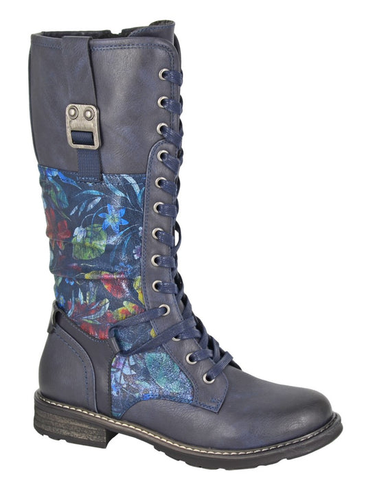 Cipriata L755 NAVY Floral Trim Long Lace Up Boot With Zip L755C