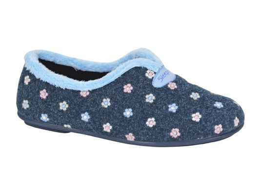 Sleepers Carol Navy Floral Trim V Throat Slipper LS181NC
