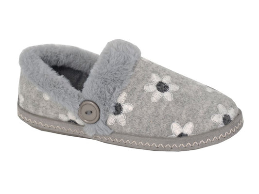 Sleepers Trina Grey Flower design Fur Trim Slipper  LS185F