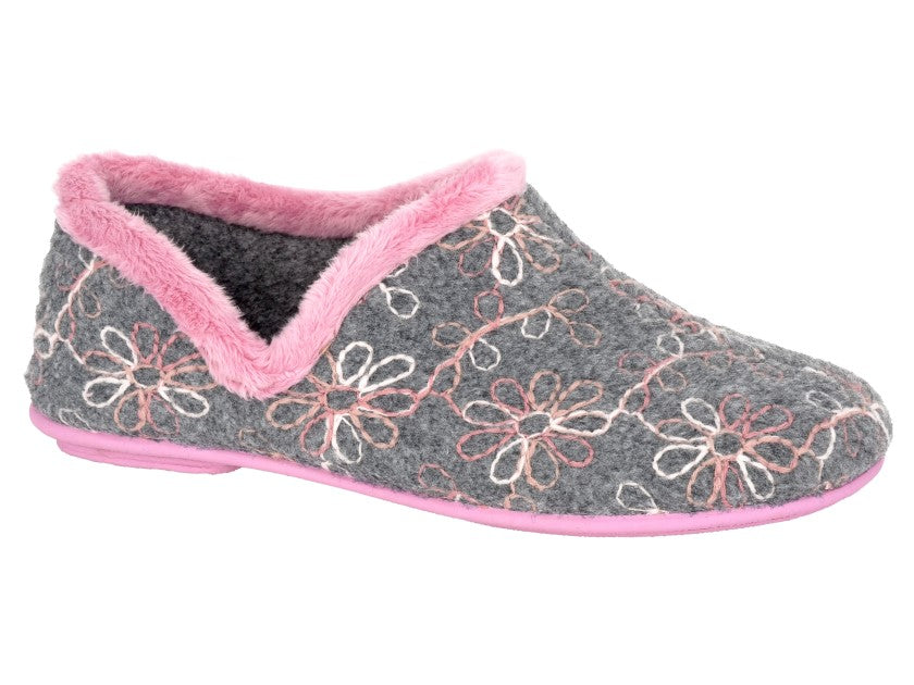 Sleepers Ls193 GREY Flower Stitch Cuff Slippers