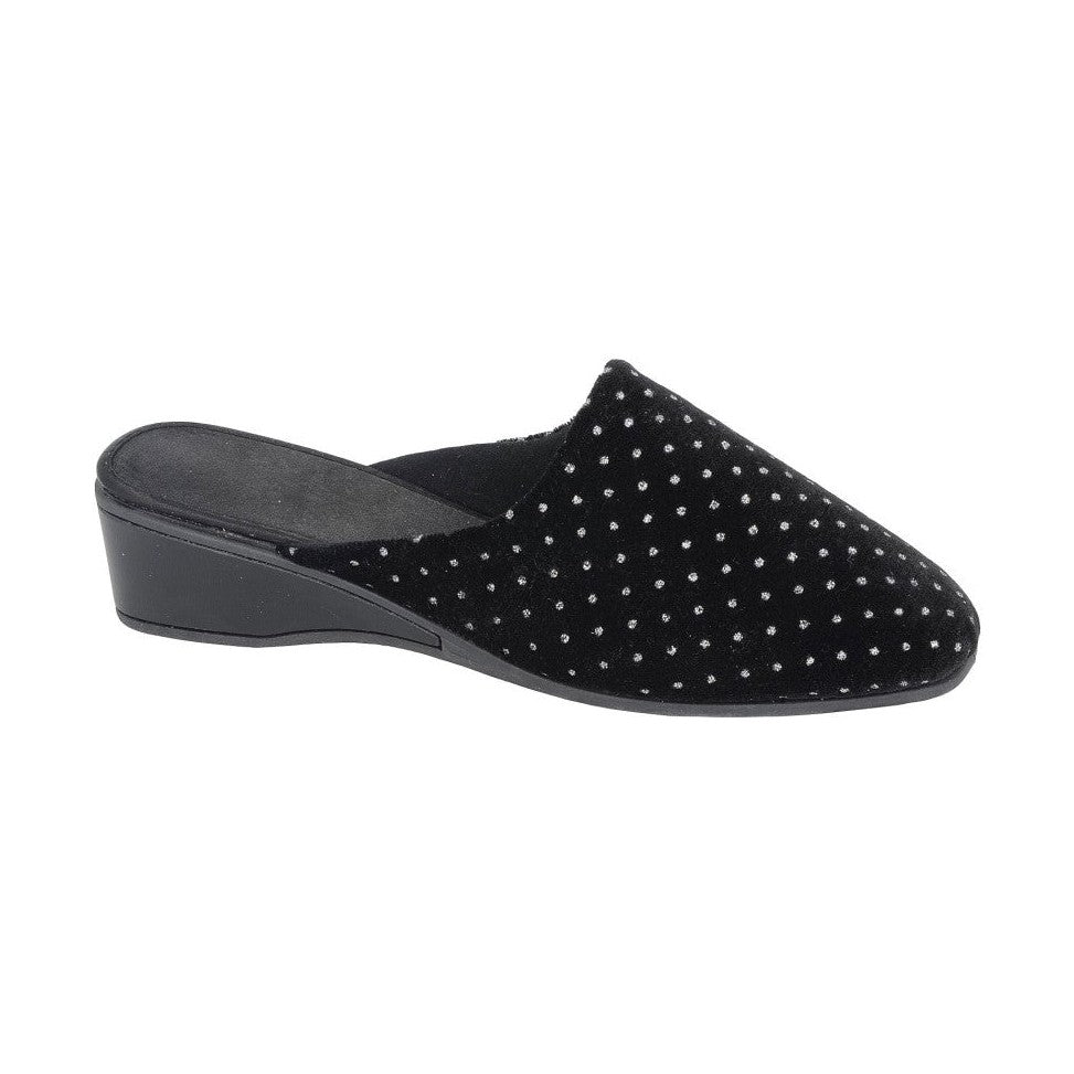 Sleepers Ls199 BLACK Diamonte Trim Mule Slipper with Wedge Heel LS199A