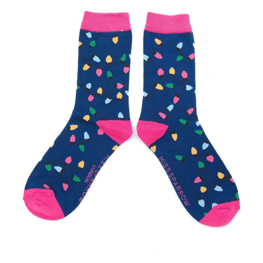 Miss Sparrow Christmas Lights Ladies NAVY Quality Bamboo Socks SKS338