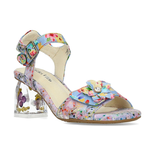 Laura Vita Framboiseo 16 BLEU Touch Fastening Bar Shoe With Floral Heel Trim