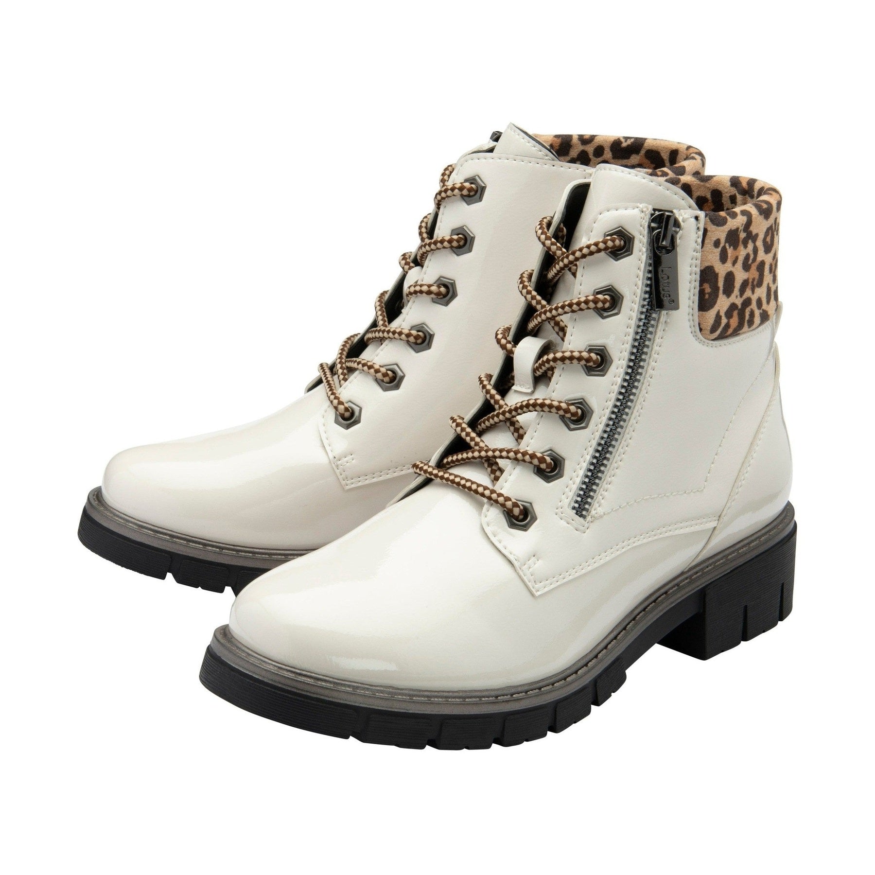 Lotus Boot Charleston Patent Ankle Boot with Lace and zip WHITE ULB383