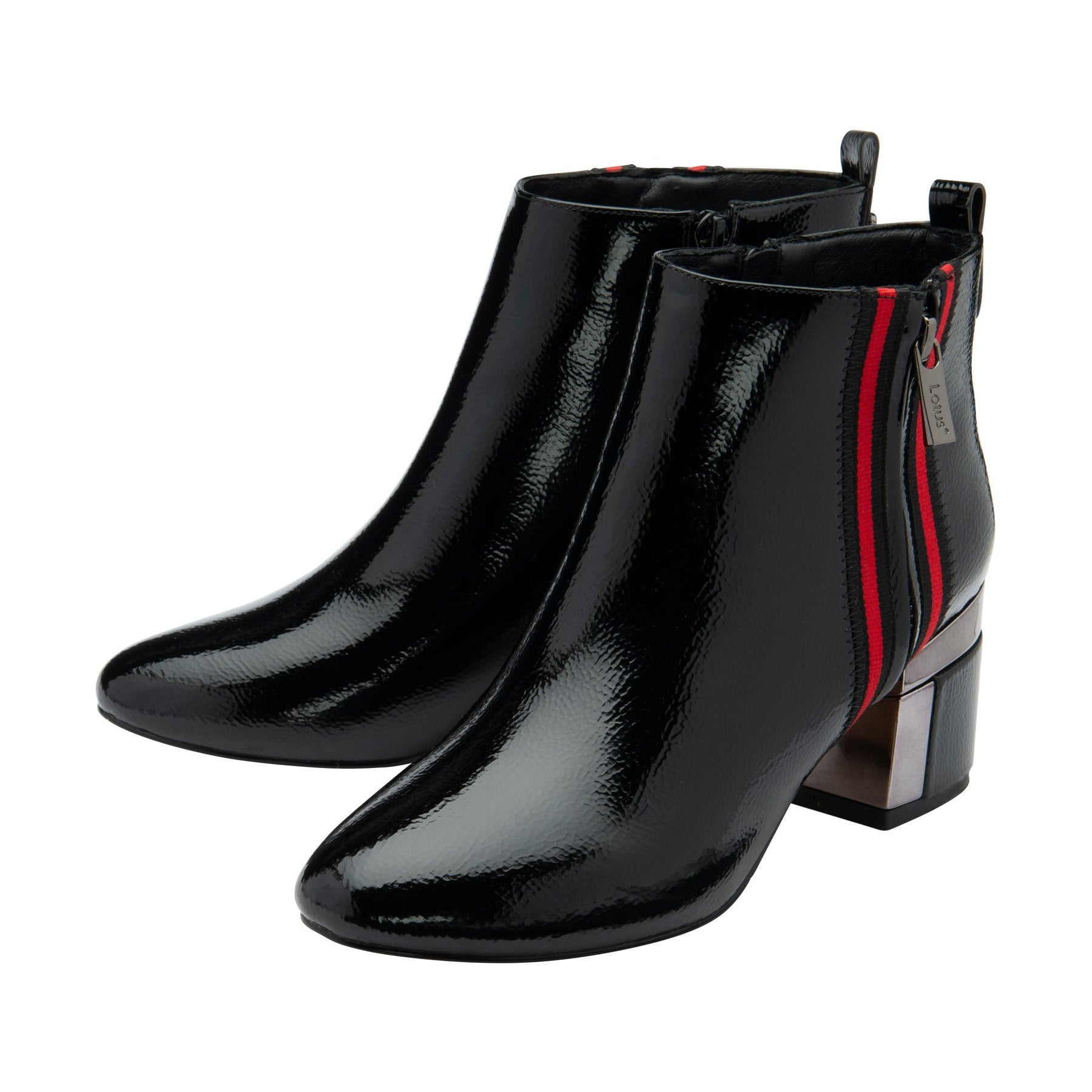 Lotus Boot Issy Smart Heeled Ankle Boot with double Zip and red stripe detail BLACK ULB418