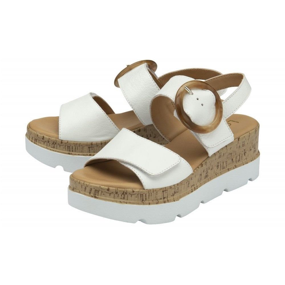 Lotus Cammie WHITE Leather Chunky Wedge Adjustable Sandal ULP268