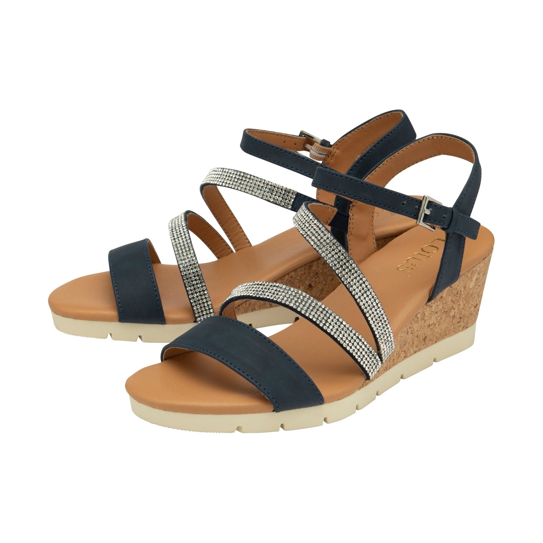Lotus Goldie NAVY Diamonte Trim Wedge Sandal ULP275