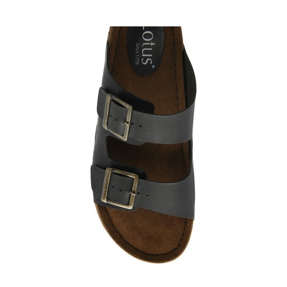 Lotus St Ives Black Twin Buckle Leather Footbed Mule Sandal